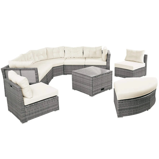 Patio Furniture Set Outdoor Daybed Rattan Sectional with Cushions and Center Table, Beige, Iron & Rattan, Multiple Sizes Default -DTYStore