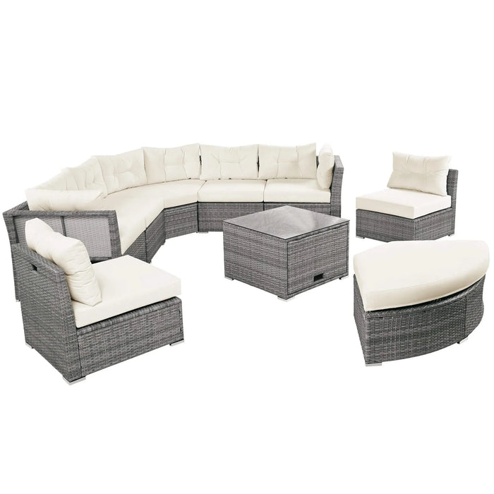 Patio Furniture Set Outdoor Daybed Rattan Sectional with Cushions and Center Table, Beige, Iron & Rattan, Multiple Sizes Default -DTYStore