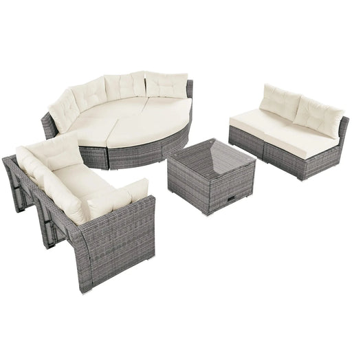 Patio Furniture Set Outdoor Daybed Rattan Sectional with Cushions and Center Table, Beige, Iron & Rattan, Multiple Sizes Default -DTYStore