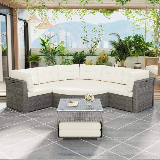 Patio Furniture Set Outdoor Daybed Rattan Sectional with Cushions and Center Table, Beige, Iron & Rattan, Multiple Sizes Default -DTYStore