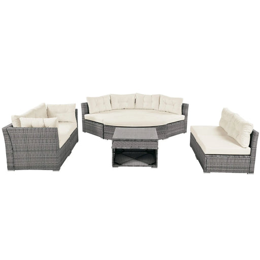 Patio Furniture Set Outdoor Daybed Rattan Sectional with Cushions and Center Table, Beige, Iron & Rattan, Multiple Sizes Default -DTYStore