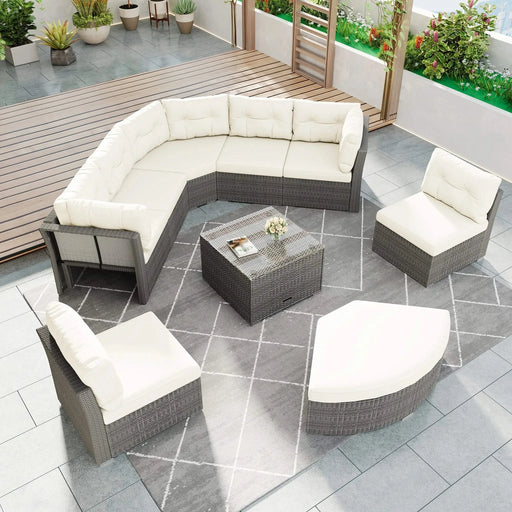 Patio Furniture Set Outdoor Daybed Rattan Sectional with Cushions and Center Table, Beige, Iron & Rattan, Multiple Sizes Default -DTYStore