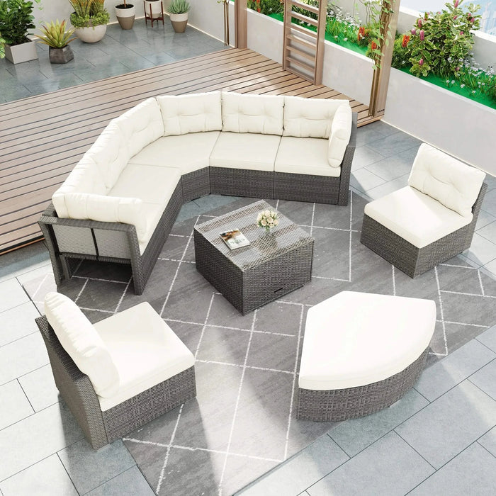 Patio Furniture Set Outdoor Daybed Rattan Sectional with Cushions and Center Table, Beige, Iron & Rattan, Multiple Sizes Default -DTYStore