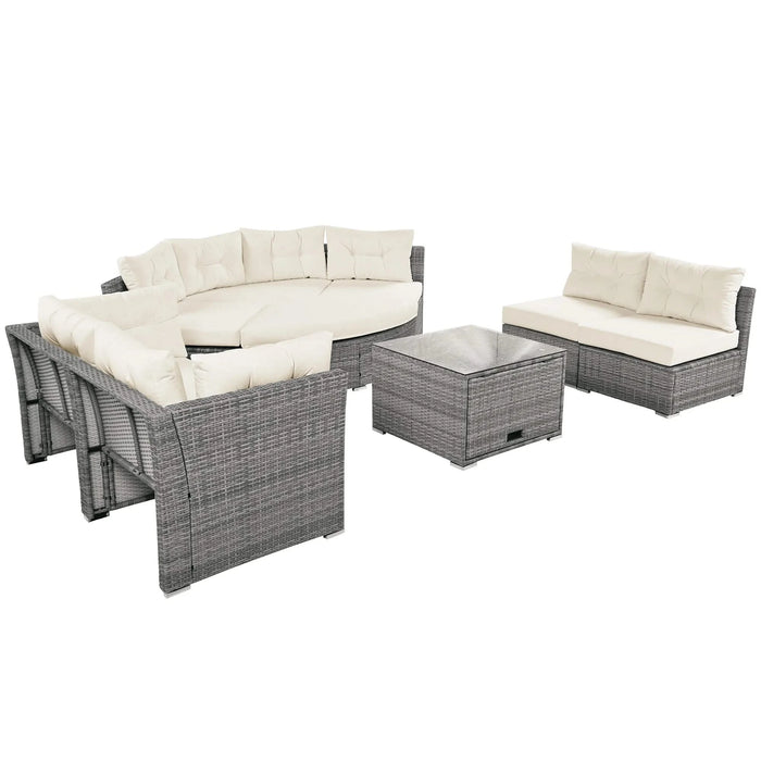 Patio Furniture Set Outdoor Daybed Rattan Sectional with Cushions and Center Table, Beige, Iron & Rattan, Multiple Sizes Default -DTYStore