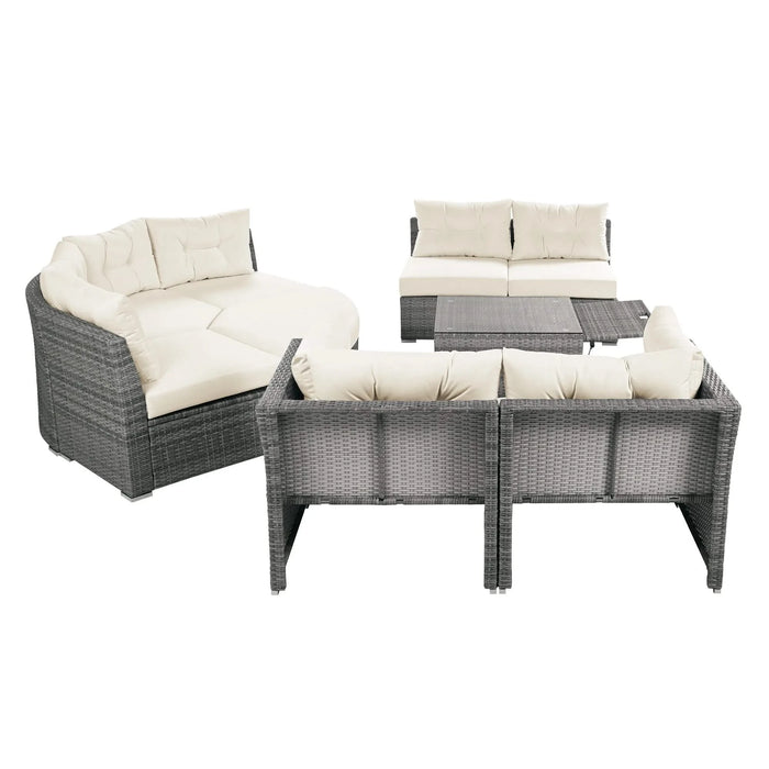 Patio Furniture Set Outdoor Daybed Rattan Sectional with Cushions and Center Table, Beige, Iron & Rattan, Multiple Sizes Default -DTYStore