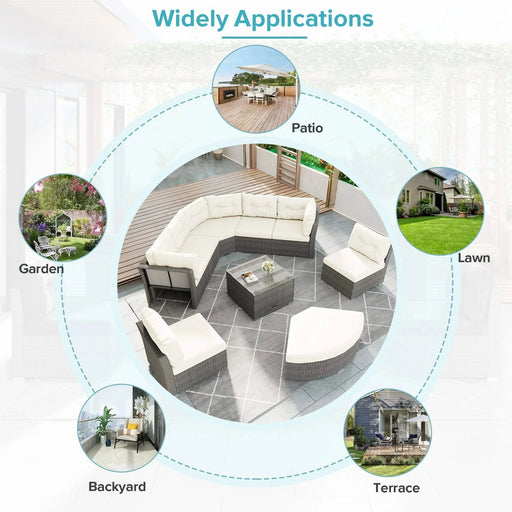 Patio Furniture Set Outdoor Daybed Rattan Sectional with Cushions and Center Table, Beige, Iron & Rattan, Multiple Sizes Default -DTYStore