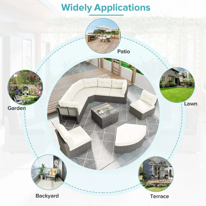 Patio Furniture Set Outdoor Daybed Rattan Sectional with Cushions and Center Table, Beige, Iron & Rattan, Multiple Sizes Default -DTYStore