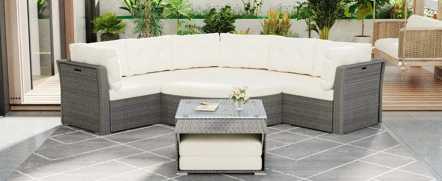 Patio Furniture Set Outdoor Daybed Rattan Sectional with Cushions and Center Table, Beige, Iron & Rattan, Multiple Sizes Default -DTYStore