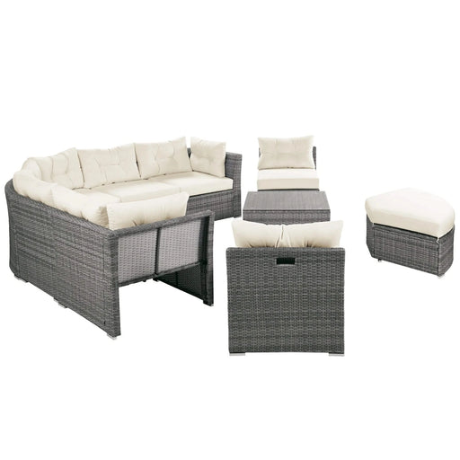 Patio Furniture Set Outdoor Daybed Rattan Sectional with Cushions and Center Table, Beige, Iron & Rattan, Multiple Sizes Default -DTYStore