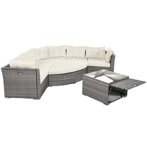Patio Furniture Set Outdoor Daybed Rattan Sectional with Cushions and Center Table, Beige, Iron & Rattan, Multiple Sizes Default -DTYStore