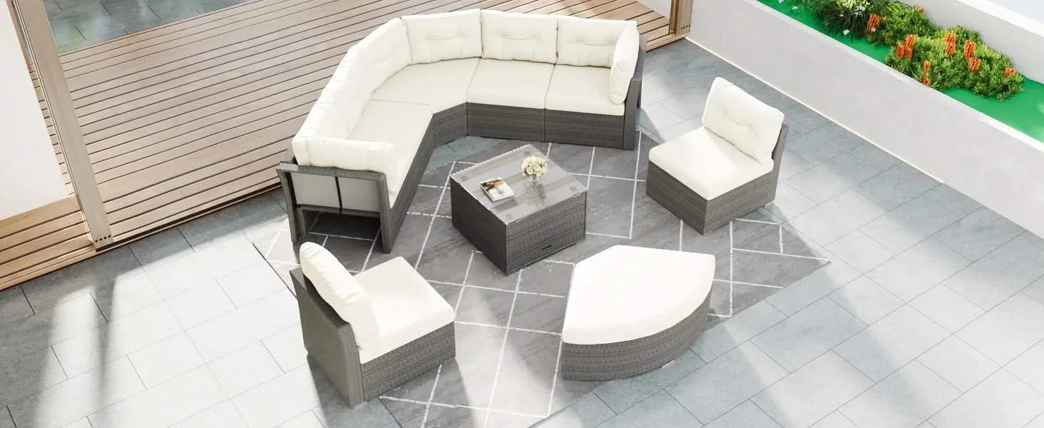 Patio Furniture Set Outdoor Daybed Rattan Sectional with Cushions and Center Table, Beige, Iron & Rattan, Multiple Sizes Default -DTYStore