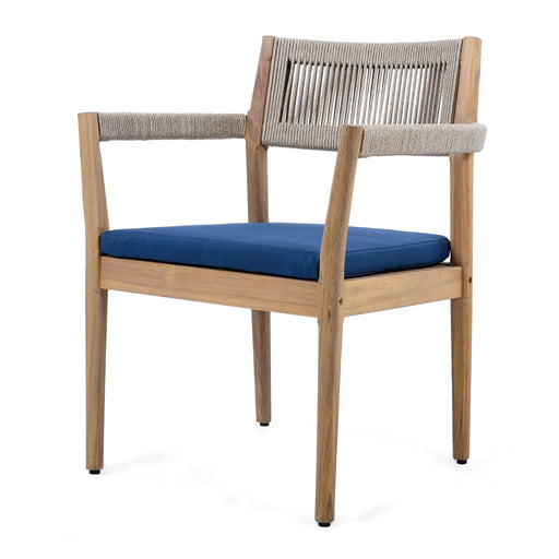 Patio Set Outdoor Acacia Wood Furniture Sets- Braided Dining Chairs(With Navy Cushion)and Patio Dining Table for Garden, Patio & Deck (Teak Look & Beige Rope) Default -DTYStore