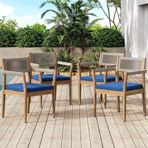 Patio Set Outdoor Acacia Wood Furniture Sets- Braided Dining Chairs(With Navy Cushion)and Patio Dining Table for Garden, Patio & Deck (Teak Look & Beige Rope) Default -DTYStore