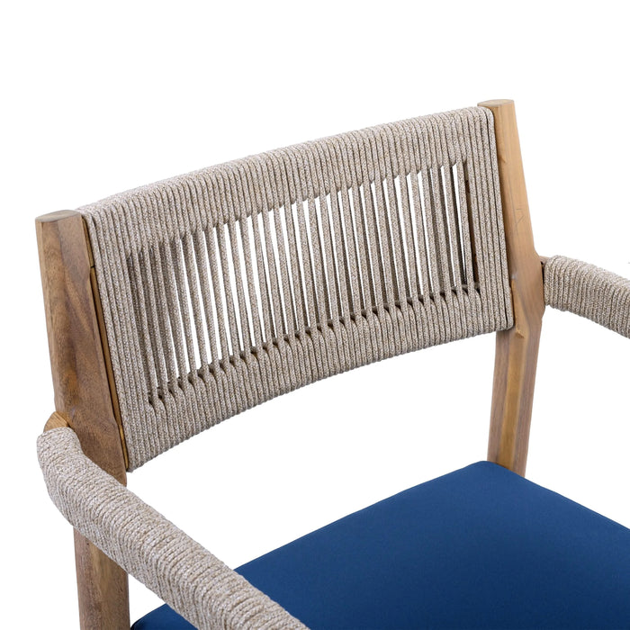 Patio Set Outdoor Acacia Wood Furniture Sets- Braided Dining Chairs(With Navy Cushion)and Patio Dining Table for Garden, Patio & Deck (Teak Look & Beige Rope) Default -DTYStore