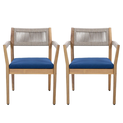 Patio Set Outdoor Acacia Wood Furniture Sets- Braided Dining Chairs(With Navy Cushion)and Patio Dining Table for Garden, Patio & Deck (Teak Look & Beige Rope) Default -DTYStore