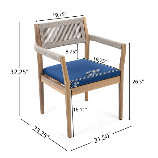 Patio Set Outdoor Acacia Wood Furniture Sets- Braided Dining Chairs(With Navy Cushion)and Patio Dining Table for Garden, Patio & Deck (Teak Look & Beige Rope) Default -DTYStore
