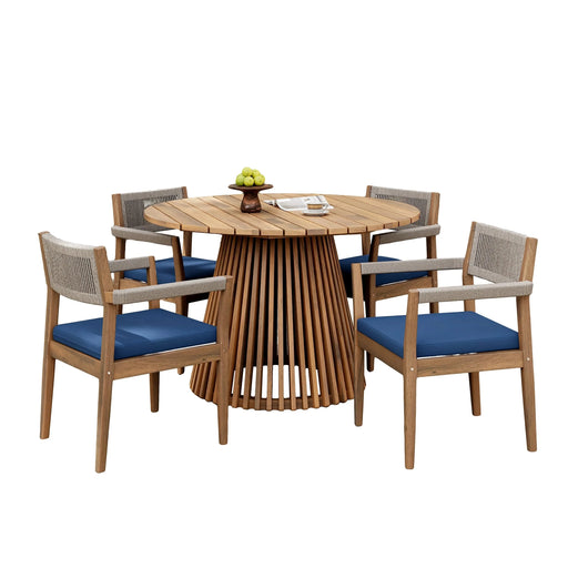 Patio Set Outdoor Acacia Wood Furniture Sets- Braided Dining Chairs(With Navy Cushion)and Patio Dining Table for Garden, Patio & Deck (Teak Look & Beige Rope) Default -DTYStore