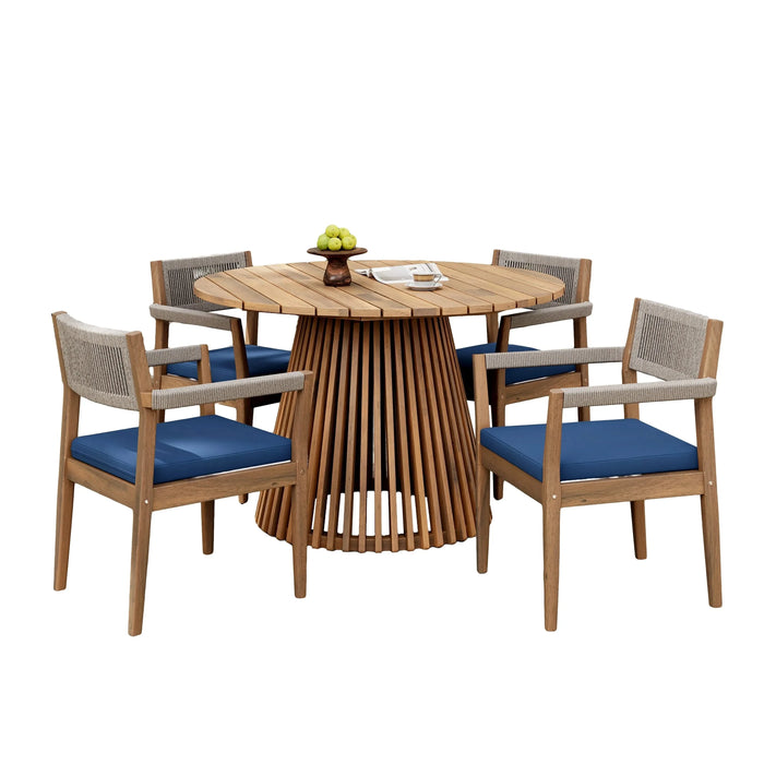 Patio Set Outdoor Acacia Wood Furniture Sets- Braided Dining Chairs(With Navy Cushion)and Patio Dining Table for Garden, Patio & Deck (Teak Look & Beige Rope) Default -DTYStore