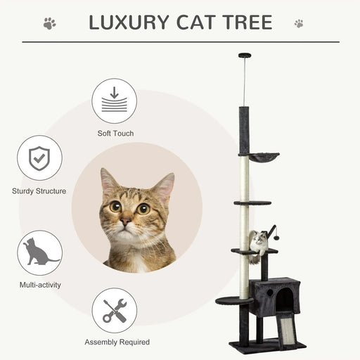 PawHut 106' Huge Cat Tree Kitty Activity Center Floor-to-Ceiling Cat Climbing Toy with Scratching Post Board Hammock Hanging Ball Rest Pet Furniture Dark Grey Default -DTYStore