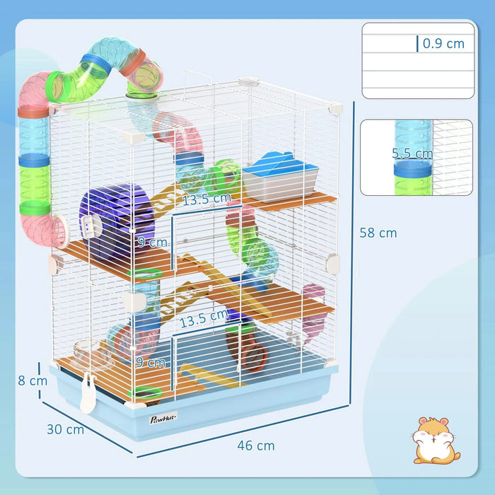PawHut 18' 5 Tier Hamster Cage with Tubes and Tunnels, Small Animal Cage with Portable Carry Handle, Gerbil Cage with Water Bottle, Food Dish, Exercise Wheel, Light Blue Default -DTYStore