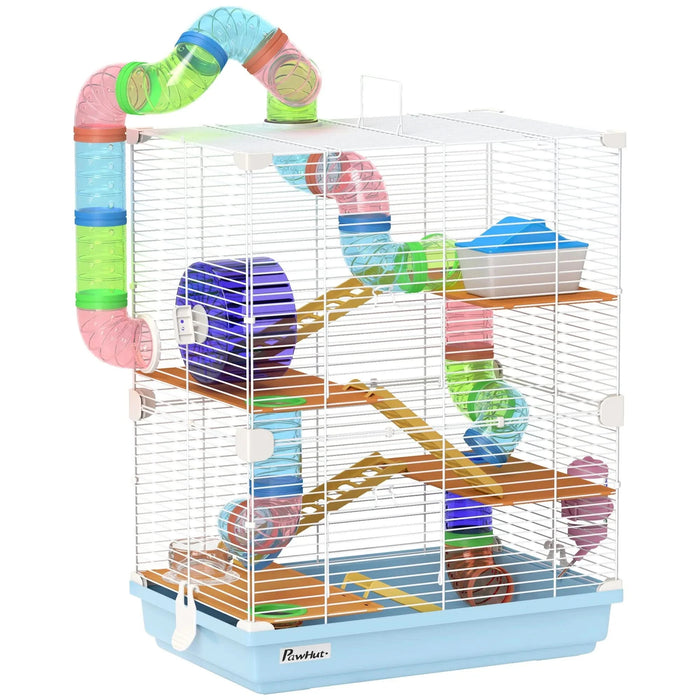 PawHut 18' 5 Tier Hamster Cage with Tubes and Tunnels, Small Animal Cage with Portable Carry Handle, Gerbil Cage with Water Bottle, Food Dish, Exercise Wheel, Light Blue Pet Beds & Furniture, Pet Supplies, searchfilter_Pet Supplies| DTY Store