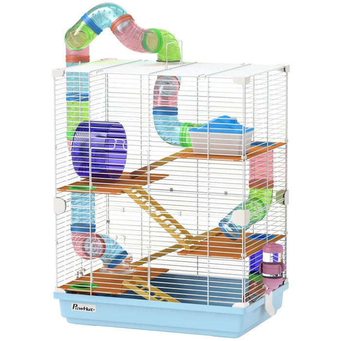 PawHut 18' 5 Tier Hamster Cage with Tubes and Tunnels, Small Animal Cage with Portable Carry Handle, Gerbil Cage with Water Bottle, Food Dish, Exercise Wheel, Light Blue Default -DTYStore