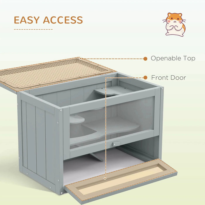 PawHut 2-Level Hamster Cage Mice and Rat House, Small Animal Habitat for Guinea Pigs, Chinchillas with Openable Top, Front Door, Shelf and Ladder, Gray- DTY Store