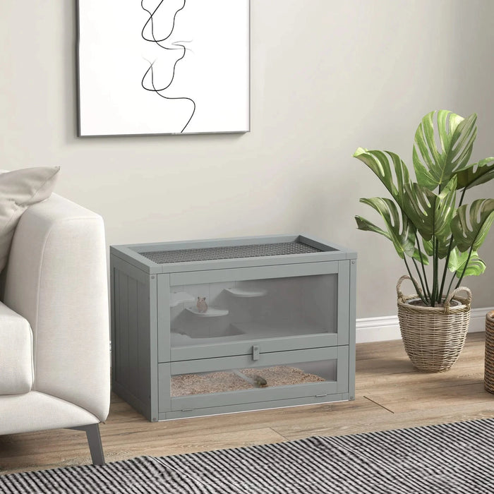 PawHut 2-Level Hamster Cage Mice and Rat House, Small Animal Habitat for Guinea Pigs, Chinchillas with Openable Top, Front Door, Shelf and Ladder, Gray Default -DTYStore