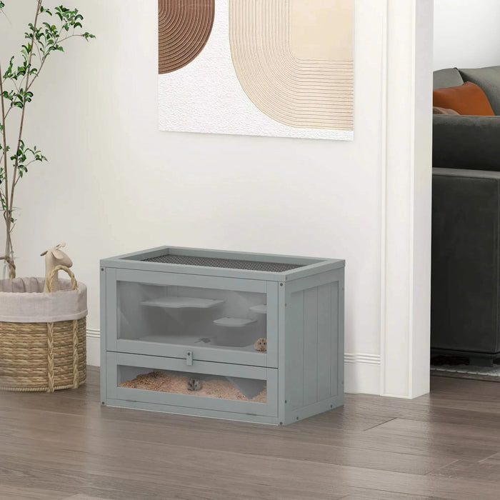 PawHut 2-Level Hamster Cage Mice and Rat House, Small Animal Habitat for Guinea Pigs, Chinchillas with Openable Top, Front Door, Shelf and Ladder, Gray Default -DTYStore