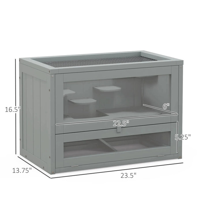 PawHut 2-Level Hamster Cage Mice and Rat House, Small Animal Habitat for Guinea Pigs, Chinchillas with Openable Top, Front Door, Shelf and Ladder, Gray - DTY Store