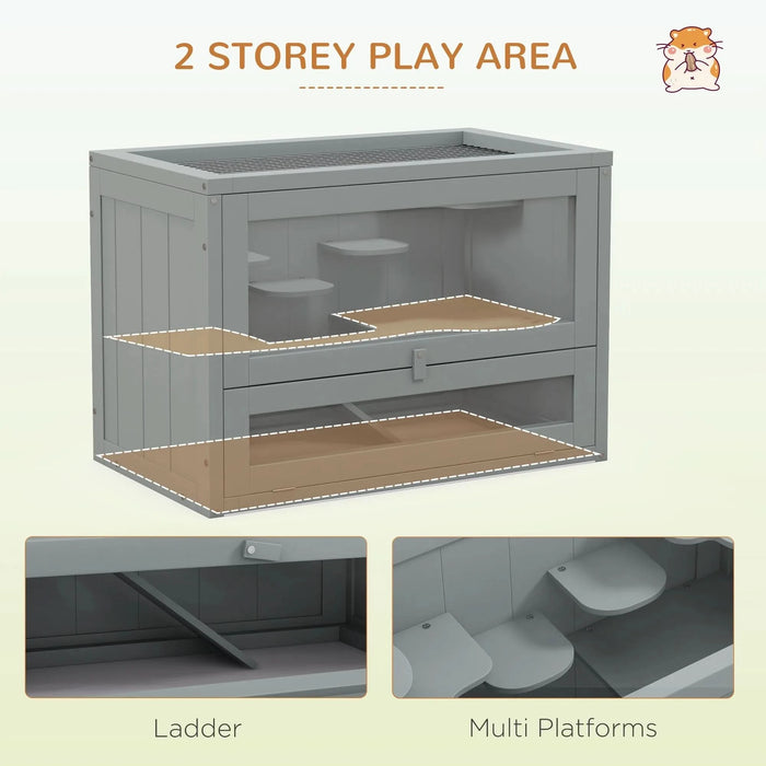PawHut 2-Level Hamster Cage Mice and Rat House, Small Animal Habitat for Guinea Pigs, Chinchillas with Openable Top, Front Door, Shelf and Ladder, Gray - DTY Store