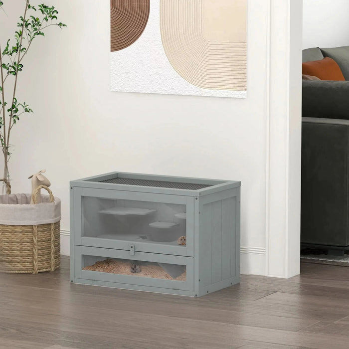 PawHut 2-Level Hamster Cage Mice and Rat House, Small Animal Habitat for Guinea Pigs, Chinchillas with Openable Top, Front Door, Shelf and Ladder, Gray - DTY Store