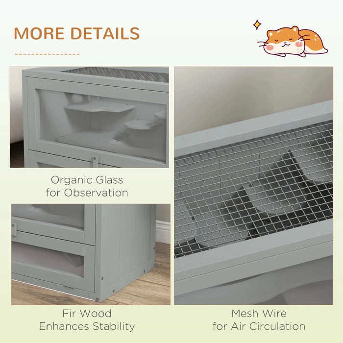 PawHut 2-Level Hamster Cage Mice and Rat House, Small Animal Habitat for Guinea Pigs, Chinchillas with Openable Top, Front Door, Shelf and Ladder, Gray- DTY Store