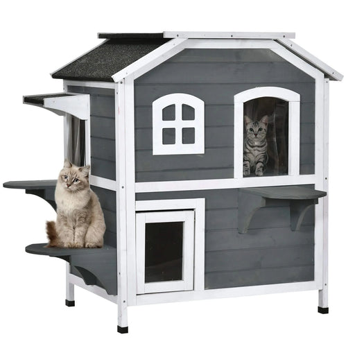 PawHut 2-story Cat House Outdoor, Weatherproof Wooden Cat Enclosure for Feral Cats with Escape Door, Openable Roof, Jumping Platforms, Gray Default -DTYStore