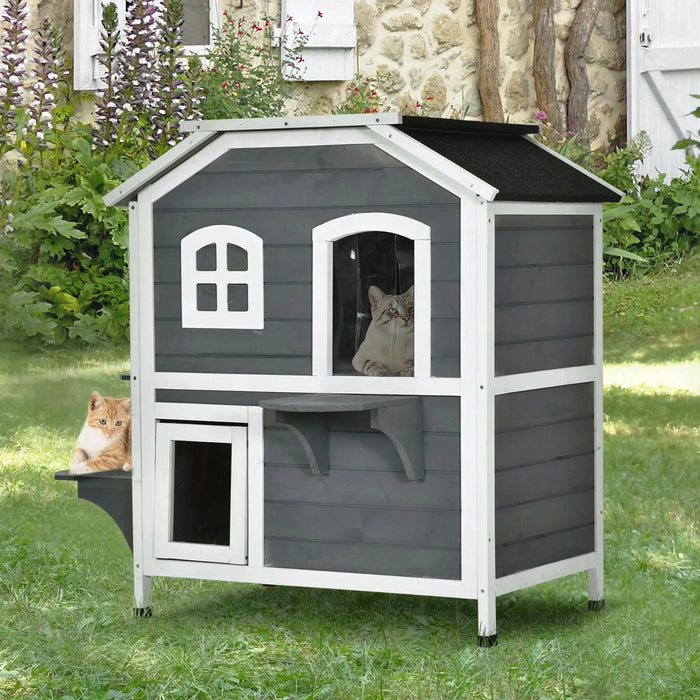 PawHut 2-story Cat House Outdoor, Weatherproof Wooden Cat Enclosure for Feral Cats with Escape Door, Openable Roof, Jumping Platforms, Gray - DTY Store