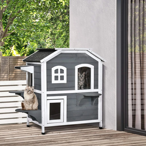 PawHut 2-story Cat House Outdoor, Weatherproof Wooden Cat Enclosure for Feral Cats with Escape Door, Openable Roof, Jumping Platforms, Gray Default -DTYStore