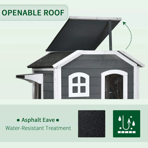 PawHut 2-story Cat House Outdoor, Weatherproof Wooden Cat Enclosure for Feral Cats with Escape Door, Openable Roof, Jumping Platforms, Gray Default -DTYStore