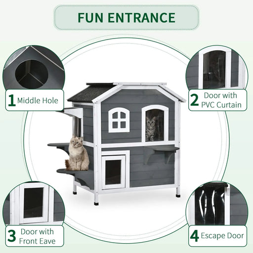 PawHut 2-story Cat House Outdoor, Weatherproof Wooden Cat Enclosure for Feral Cats with Escape Door, Openable Roof, Jumping Platforms, Gray Default -DTYStore