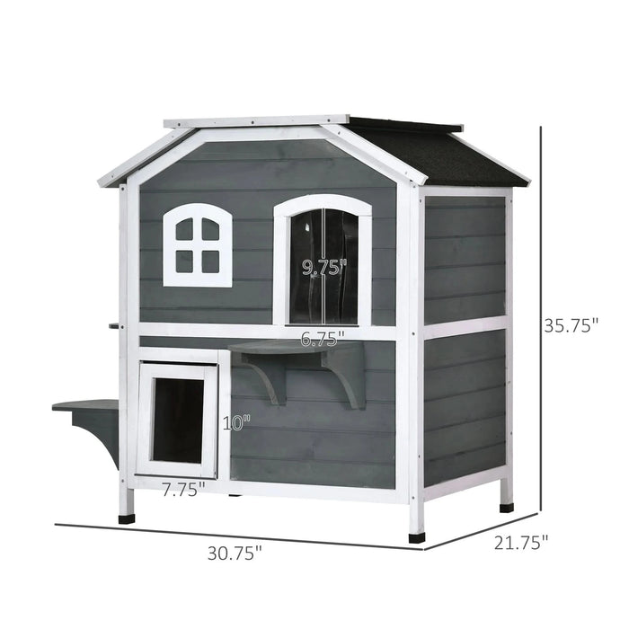 PawHut 2-story Cat House Outdoor, Weatherproof Wooden Cat Enclosure for Feral Cats with Escape Door, Openable Roof, Jumping Platforms, Gray - DTY Store