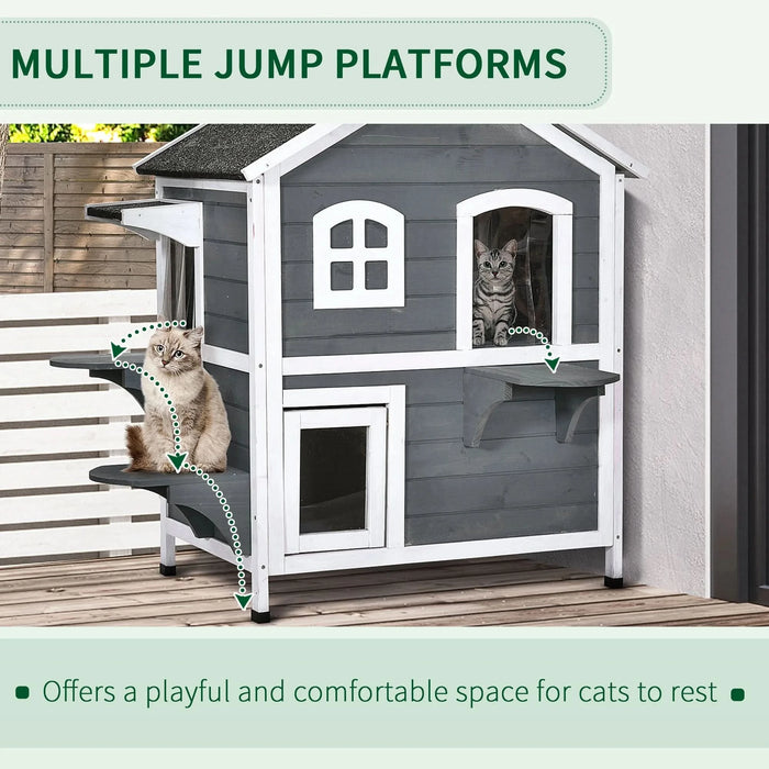 PawHut 2-story Cat House Outdoor, Weatherproof Wooden Cat Enclosure for Feral Cats with Escape Door, Openable Roof, Jumping Platforms, Gray - DTY Store