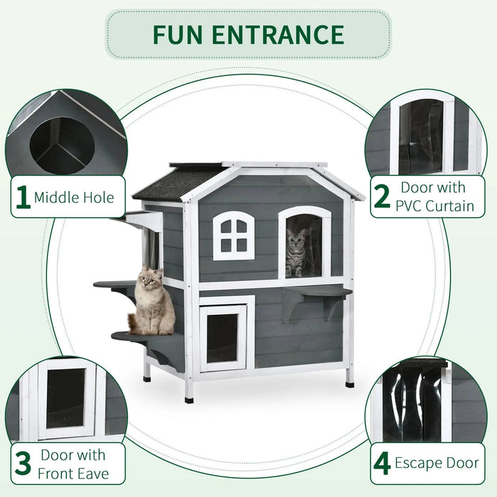 PawHut 2-story Cat House Outdoor, Weatherproof Wooden Cat Enclosure for Feral Cats with Escape Door, Openable Roof, Jumping Platforms, Gray - DTY Store