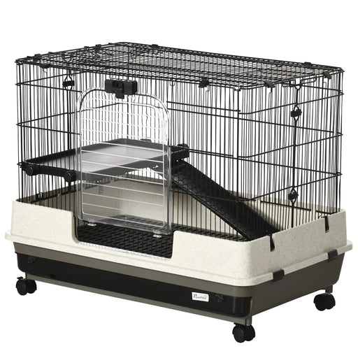 PawHut 26' Small Animal Cage with Wheels, 2-Level Portable Bunny Cage, Chinchilla Ferret Cage with Removable Tray, Platform and Ramp Default -DTYStore