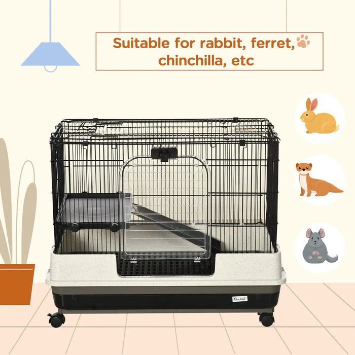 PawHut 26' Small Animal Cage with Wheels, 2-Level Portable Bunny Cage, Chinchilla Ferret Cage with Removable Tray, Platform and Ramp Default -DTYStore