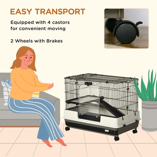 PawHut 26' Small Animal Cage with Wheels, 2-Level Portable Bunny Cage, Chinchilla Ferret Cage with Removable Tray, Platform and Ramp Default -DTYStore