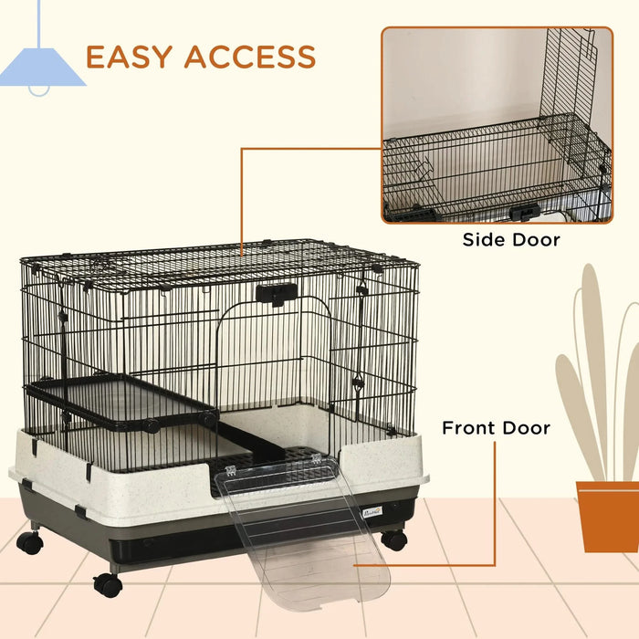 PawHut 26' Small Animal Cage with Wheels, 2-Level Portable Bunny Cage, Chinchilla Ferret Cage with Removable Tray, Platform and Ramp Default -DTYStore
