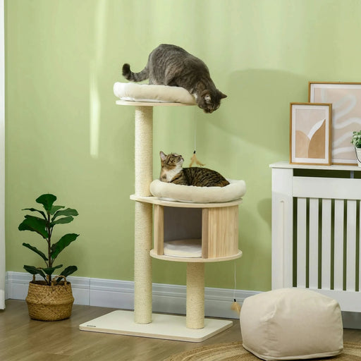 PawHut 3-Level Cat Tree with Sisal Scratching Posts, Fun Cat Badminton Toy for Playing, Soft Cushions, & Play Areas Default -DTYStore