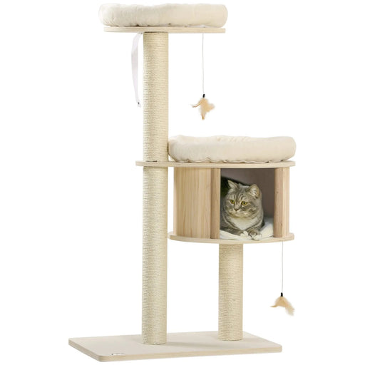 PawHut 3-Level Cat Tree with Sisal Scratching Posts, Fun Cat Badminton Toy for Playing, Soft Cushions, & Play Areas Default -DTYStore