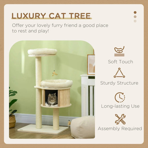 PawHut 3-Level Cat Tree with Sisal Scratching Posts, Fun Cat Badminton Toy for Playing, Soft Cushions, & Play Areas Default -DTYStore