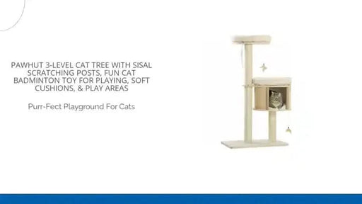 PawHut 3-Level Cat Tree with Sisal Scratching Posts, Fun Cat Badminton Toy for Playing, Soft Cushions, & Play Areas Default -DTYStore