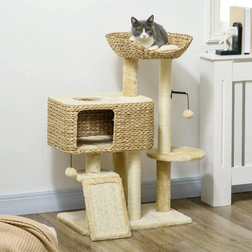 PawHut 38' Cat Tree for Indoor Cats, Cat Tower with Scratching Posts, Ramp, Condo, Toy Balls, Platform, Bed, Ramp, Beige Default -DTYStore
